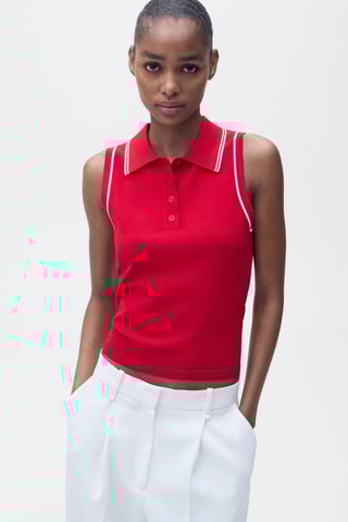 Top en maille col polo avec liserés contrastants - Rouge