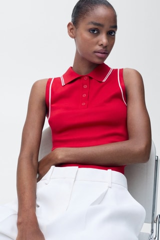 Top en maille col polo avec liserés contrastants - Rouge