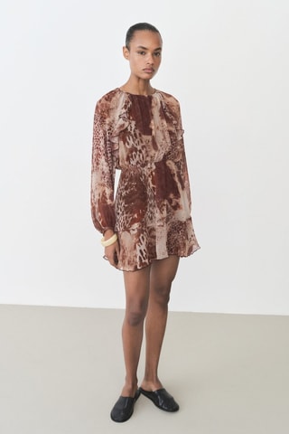 Robe courte imprimée volants - Marron