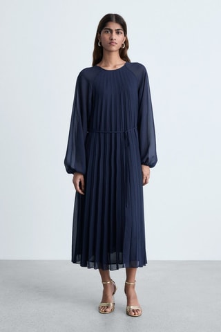 Robe plissée ceinture à nouer - Bleu marine