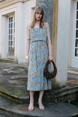 Robe à fleurs taille froncée - Vert menthe