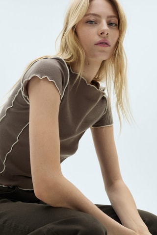 T-shirt crop liserés contrastés - Marron