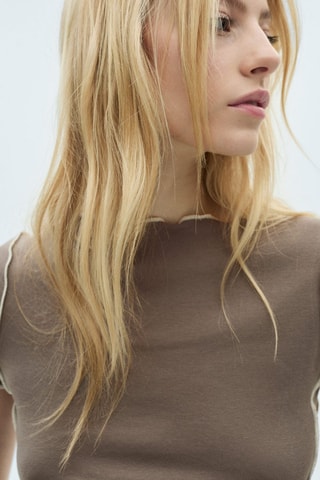 T-shirt crop liserés contrastés - Marron