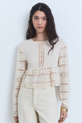 Blouse coton brodée détails ajourés - Ecru