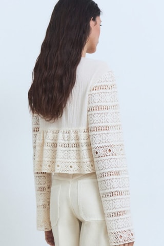 Blouse coton brodée détails ajourés - Ecru