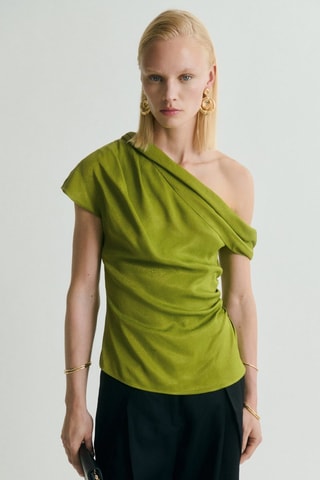 Blouse satinée col asymétrique - Vert