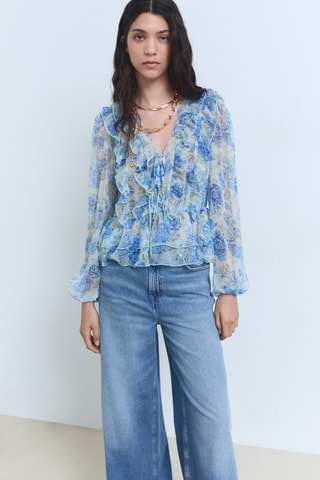 Blouse fleurie volants - Bleu ciel