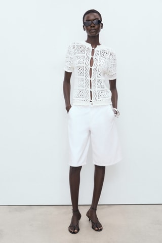 Cardigan crochet manches courtes - Blanc