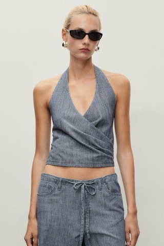 Haut en denim croisé à rayures - Bleu