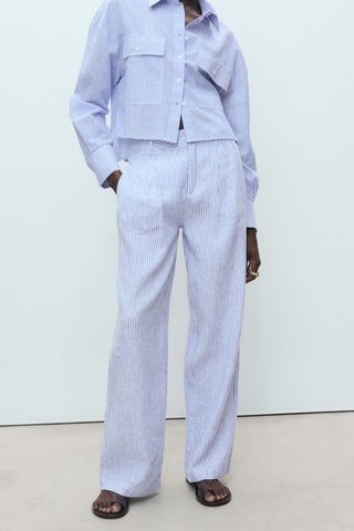 Pantalon lin à rayures - Bleu