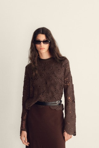 Pull-over crochet fleurs - Chocolat