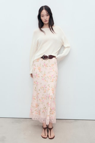 Jupe fleurie avec détail en dentelle - Rose pastel