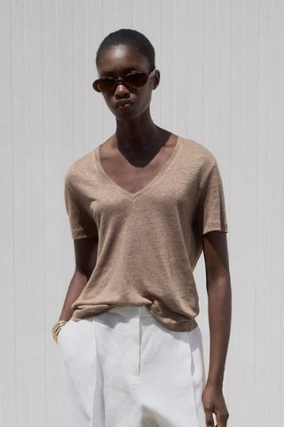 T-shirt lin col V - Marron clair