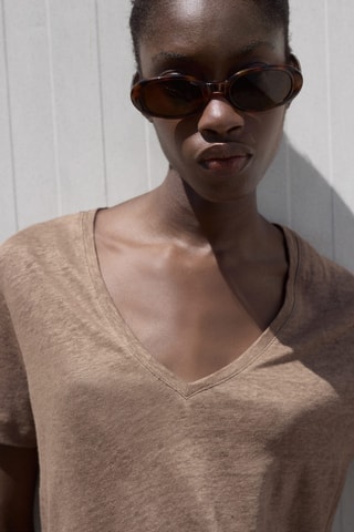 T-shirt lin col V - Marron clair