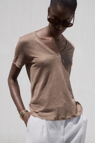 T-shirt lin col V - Marron clair