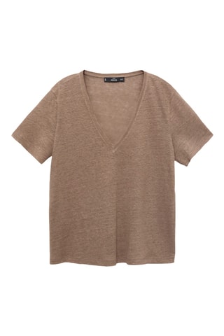 T-shirt lin col V - Marron clair