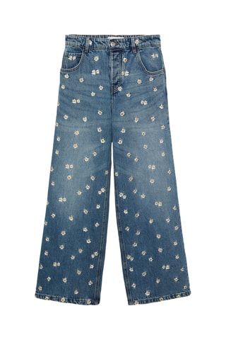 Jean large avec broderie à fleurs - Bleu