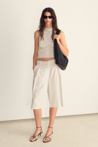 Bermuda à rayures en lin mélangé - Blanc cassé