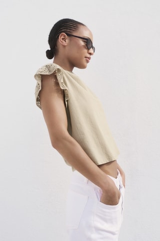 T-shirt manches courtes volant ajouré - Marron