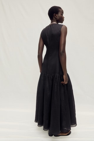 Robe longue en lin avec empiècement froncé - Noir