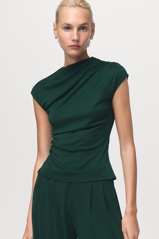 T-shirt col asymétrique froncé - Vert foncé