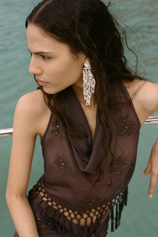 Top emmanchures américaines franges - Marron