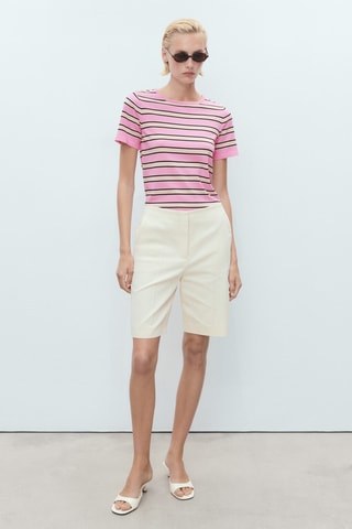 Pull à manches courtes à rayures combinées - Rose pastel