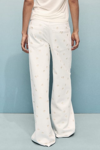 Jeans wideleg brodé de fleurs - Blanc cassé