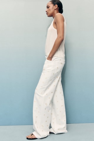 Jeans wideleg brodé de fleurs - Blanc cassé