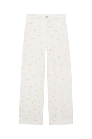 Jeans wideleg brodé de fleurs - Blanc cassé