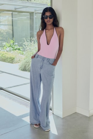 Pantalon denim wideleg taille normale - Bleu clair