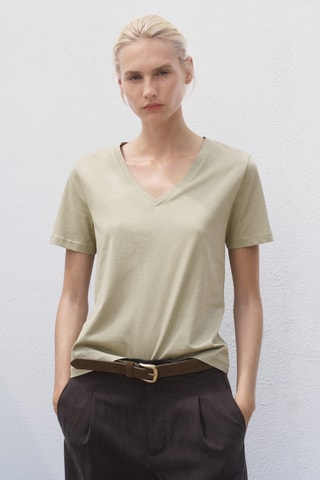 T-shirt coton col en V - Kaki