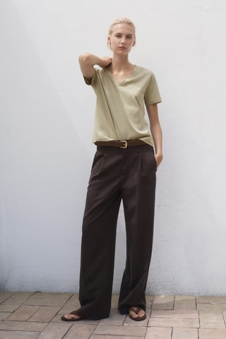 T-shirt coton col en V - Kaki