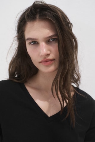 T-shirt coton col en V - Noir