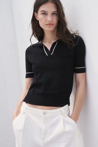 Pull col polo avec liserés contrastants - Noir