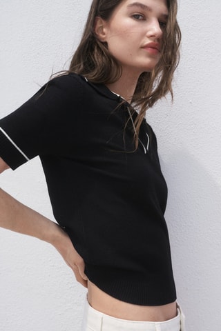 Pull col polo avec liserés contrastants - Noir