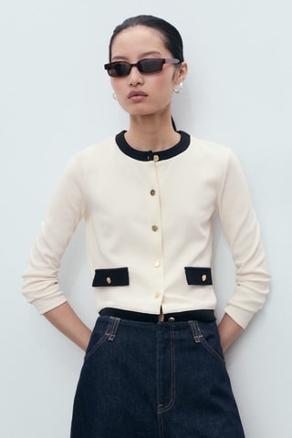 Cardigan coton éléments contrastants - Ecru
