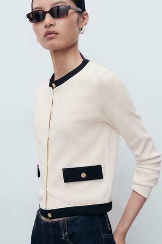 Cardigan coton éléments contrastants - Ecru