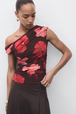 Top asymétrique à fleurs - Marron