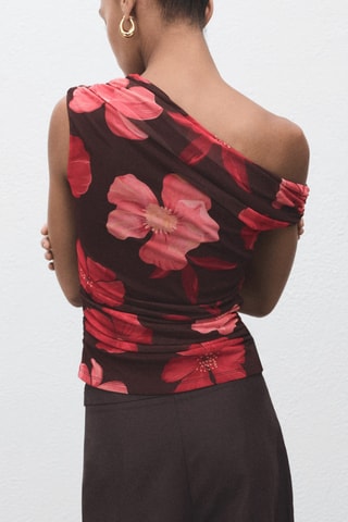 Top asymétrique à fleurs - Marron