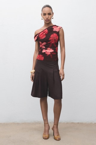 Top asymétrique à fleurs - Marron