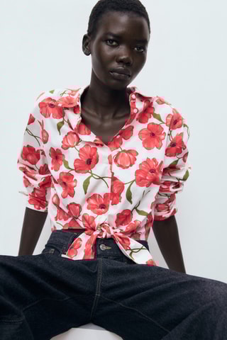 Chemise popeline imprimé à fleurs - Blanc cassé