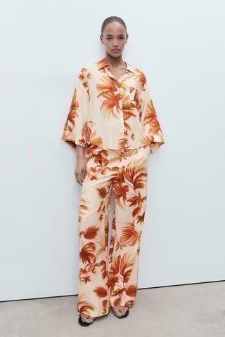 Chemise palmier manches trois quarts - Blanc cassé