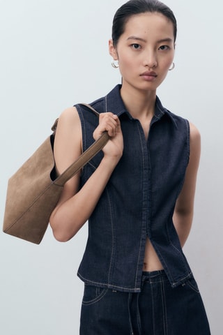 Top denim coutures contrastantes - Bleu