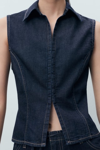 Top denim coutures contrastantes - Bleu