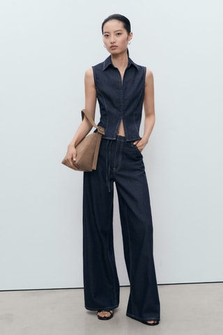 Top denim coutures contrastantes - Bleu