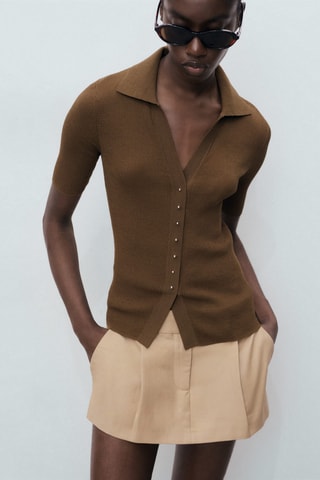 Pull maille côtelée col classique - Chocolat