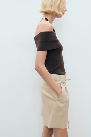 Short lin ceinture à nœud - Beige