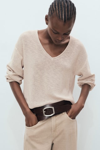 Pull-over maille col en V - Beige