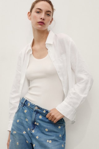 Bermuda en jean broderie florale - Bleu